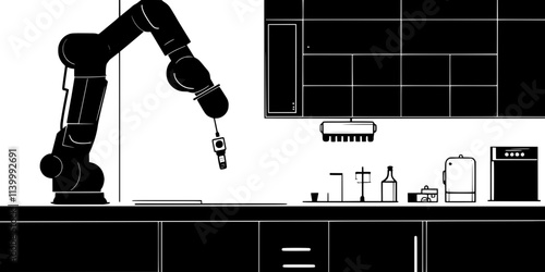Robotic arm programmed to manage automated tasks in an industrial workspace, Illustration