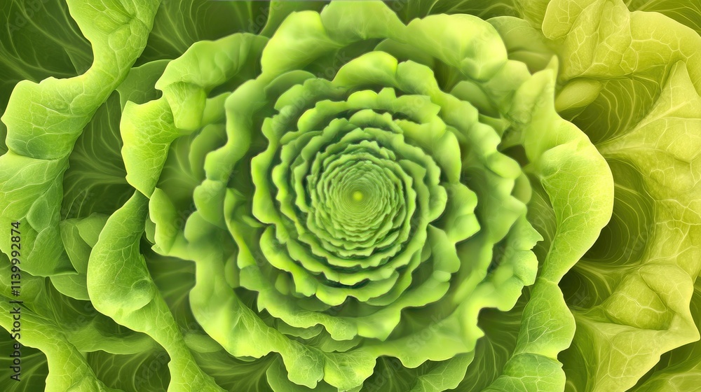 Obraz premium Top-down view of lettuce leaves stacked in a visually appealing spiral pattern on a light, seamless background.