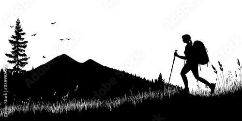A single person hiking on a trail stretching into the distance, Illustration