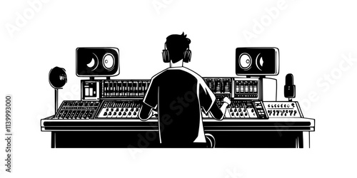 Sound engineer working on stereo width to create a wide sound stage, Illustration