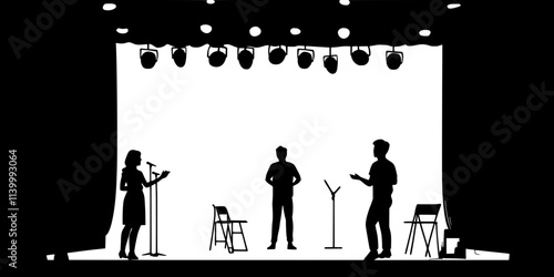 Team of improvisers presenting a skit without a scripted dialogue on stage, Illustration