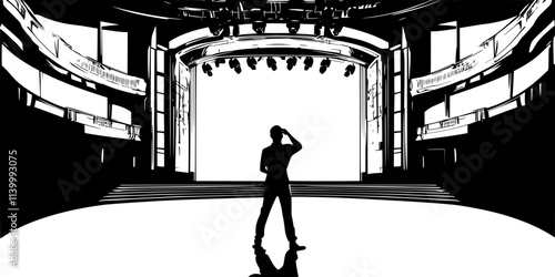 A tenor rehearsing a powerful vocal passage in a grand opera house, Illustration