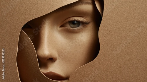 Close-Up Portrait Featuring Female Eye Surrounded by Artistic Paper Textures, Color 2025, copy space photo