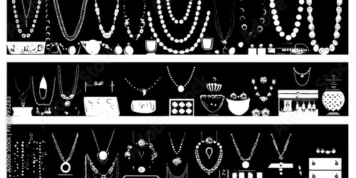 Assortment of old necklaces placed neatly inside a display case at an auction, Illustration