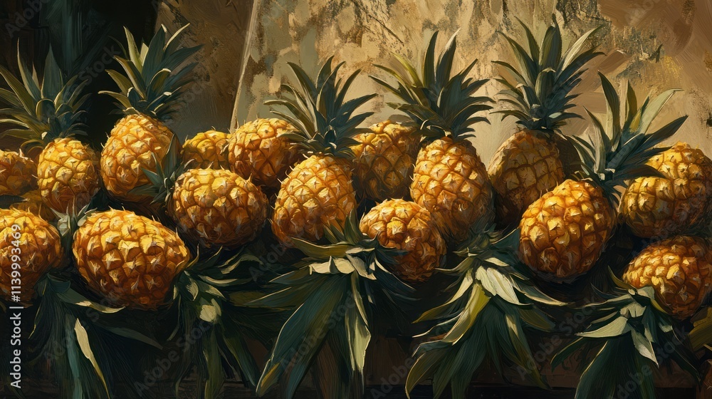 Still life of pineapples, vibrant yellow pineapples with green leaves, Still life of pineapples, vibrant yellow pineapples with green leaves,