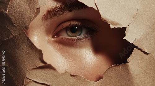 Close-Up Portrait Featuring Female Eye Surrounded by Artistic Paper Textures, Color 2025, copy space photo