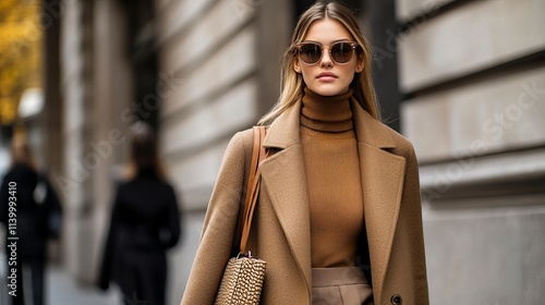 Fototapeta Naklejka Na Ścianę i Meble -  A stylish young woman walks in a European city street in autumn. She wears sunglasses, a camel coat, a turtleneck, and carries a textured leather shoulder bag.