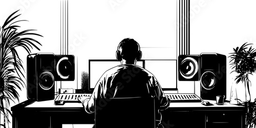 An individual using props to replicate realistic sounds within a soundproof studio environment, Illustration