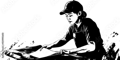Artist pressing paper onto an inked woodblock to create a print, Illustration