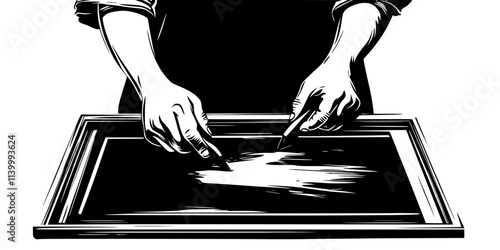 Artist transferring ink through a stencil onto fabric using a screen printing frame, Illustration