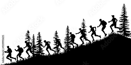 Athletes climbing steep hills on a dirt trail in a forest, Illustration