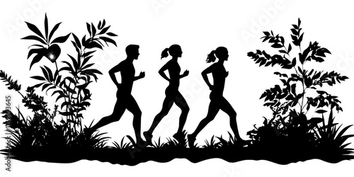 Athletes discussing the benefits of barefoot running on a nature trail, Illustration