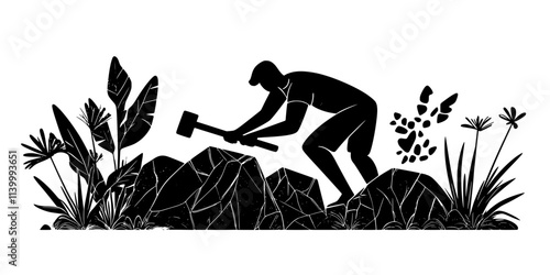 Artist using a mallet to break large sections from a stone block, Illustration