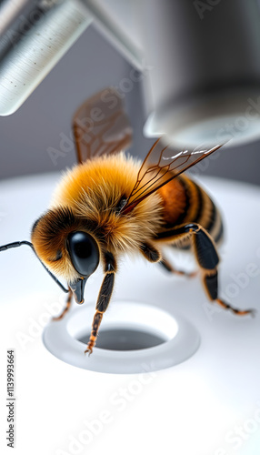 Queen bee on microscope during process of insemination isolated . Shades of white., png