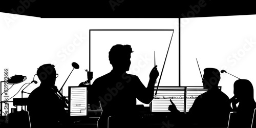 Conductor leading musicians during a recording session in a studio, Illustration