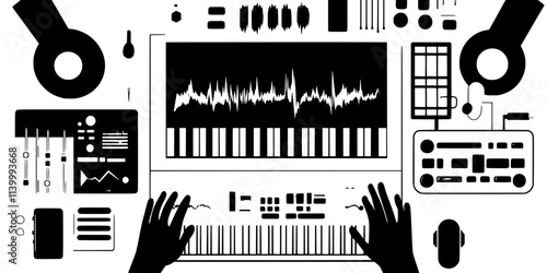 Audio samples being edited and manipulated to produce a custom sound effect for a project, Illustration