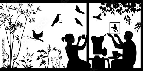 Birdwatchers setting up feeders in their yards to attract different species, Illustration