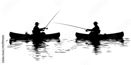 Fishers managing both paddling and casting techniques, keeping steady pace on calm waters, Illustration