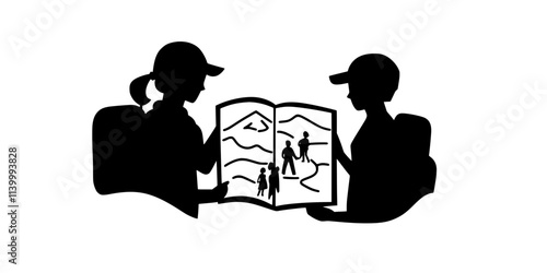 Family planning sightseeing activities together using a guidebook at home, Illustration