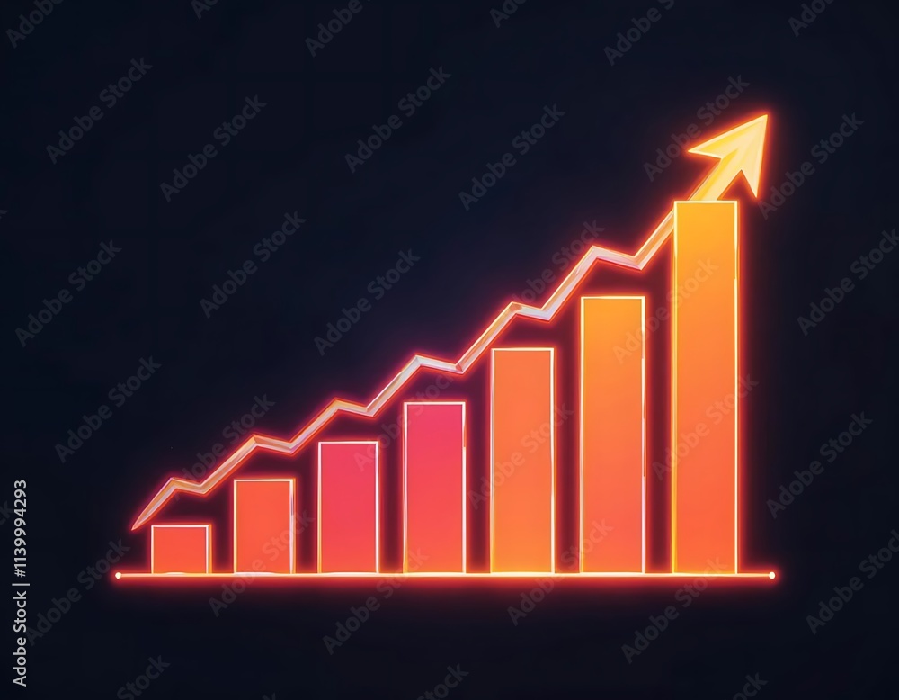 Line art of a rising bar chart with glowing arrows Line art of a rising bar chart with glowing arrows