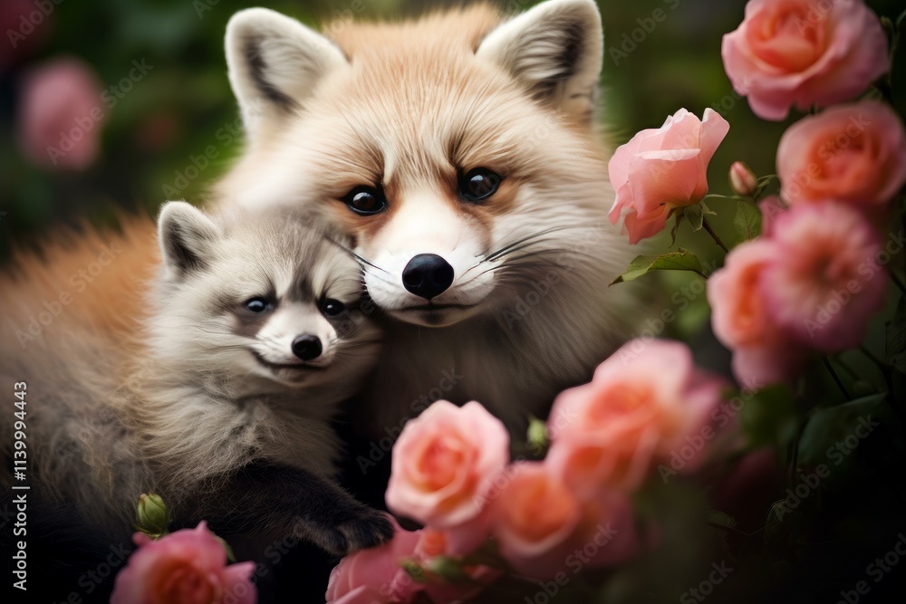 Red fox and her cub enjoying a peaceful moment surrounded by blooming roses Red fox and her cub enjoying a peaceful moment surrounded by blooming roses