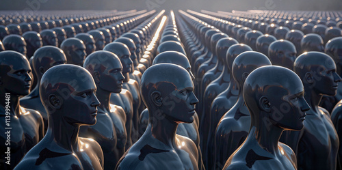 Endless rows of identical humanoid figures standing in perfect symmetry.
