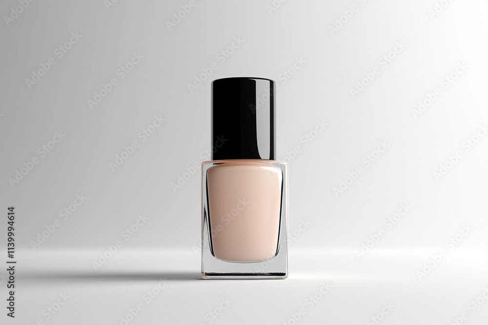 A sleek, modern nail polish bottle with a black cap, featuring a light beige shade inside. The bottle is positioned on a soft gradient background, emphasizing its elegant design. A sleek, modern nail polish bottle with a black cap, featuring a light beige shade inside. The bottle is positioned on a soft gradient background, emphasizing its elegant design.