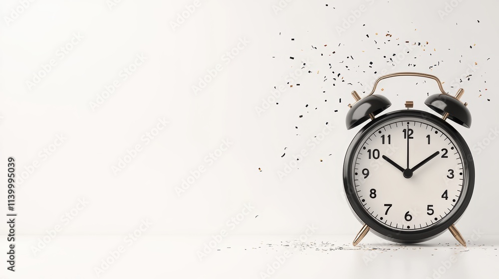 A classic alarm clock against a minimalist backdrop with confetti adds a festive touch, ideal for themes of time management, celebration, or new beginnings in marketing materials or blog posts, A classic alarm clock against a minimalist backdrop with confetti adds a festive touch, ideal for themes of time management, celebration, or new beginnings in marketing materials or blog posts,