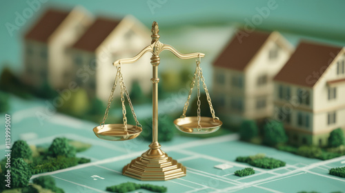 property compliance concept. Golden scales of justice on property boundary map display