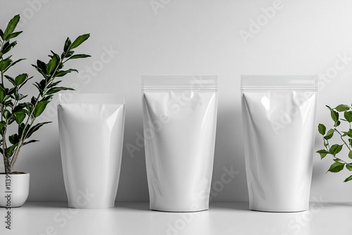Three blank white packaging pouches of varying sizes displayed on a clean surface, accompanied by small green plants in pots, creating a minimalist aesthetic.