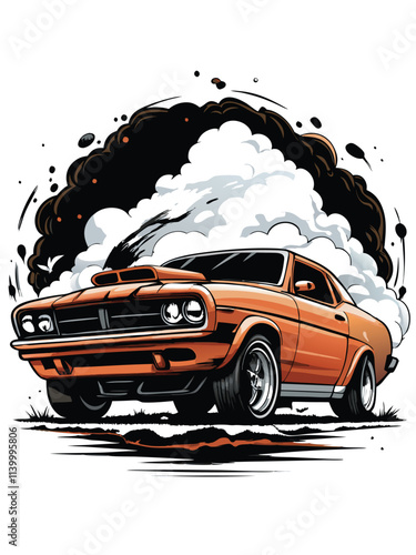 Dramatic night shot of a classic muscle car drag racing, tires smoking, vibrant light trails, intense speed, powerful engine.