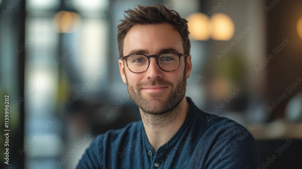 Smiling man, glasses, dark shirt, blurred background. Smiling man, glasses, dark shirt, blurred background.