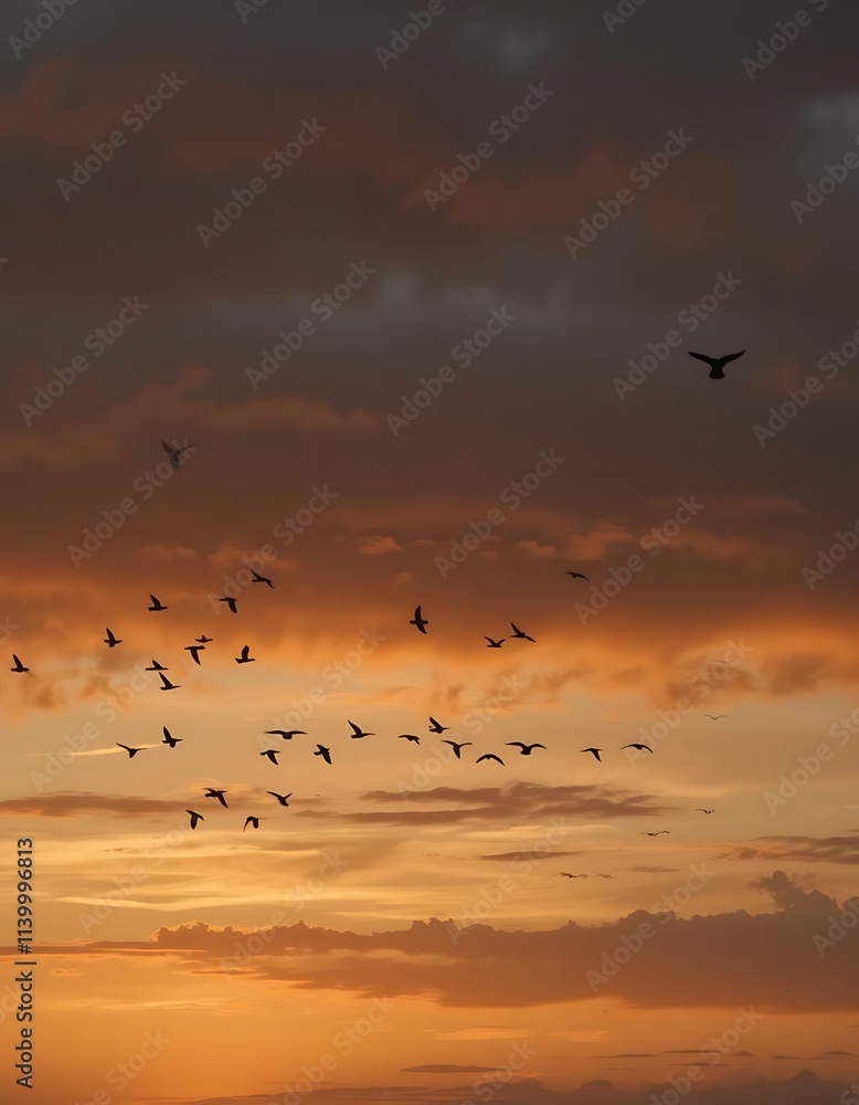 Fototapeta premium Silhouette of birds flying over a sunset with layered clouds