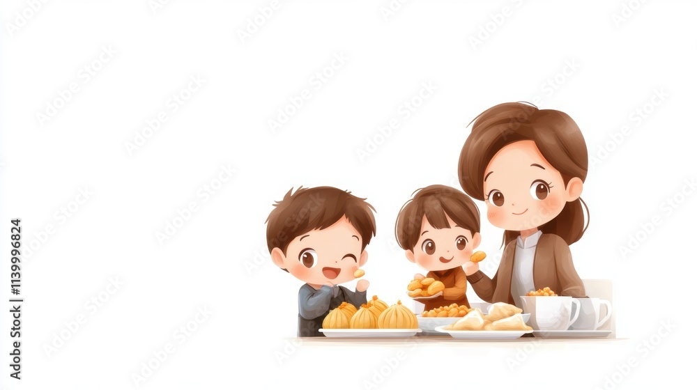 A cheerful family scene featuring a mother and two children enjoying a meal together with various dishes on the table, Perfect for family-oriented themes, cooking blogs, or promotional materials,