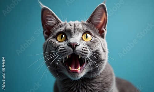 Gray British Shorthair cat surprised expression wide