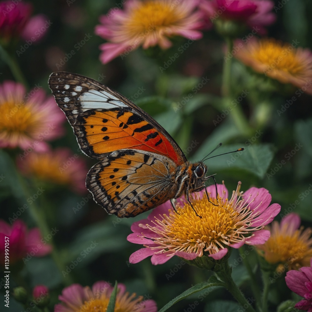 Obraz premium A butterfly with bright, intricate wings resting on a flower.