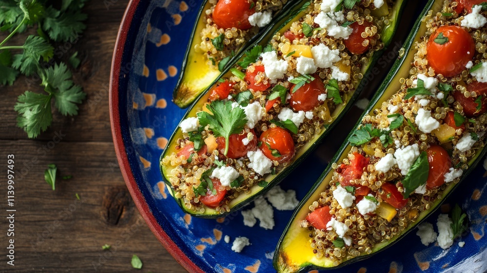 Fototapeta premium Colorful Mediterranean Stuffed Zucchini on a Plate