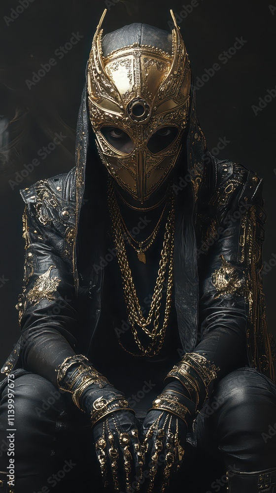 Light skin woman in ornate mask and dark outfit poses dramatically in moody lighting Light skin woman in ornate mask and dark outfit poses dramatically in moody lighting