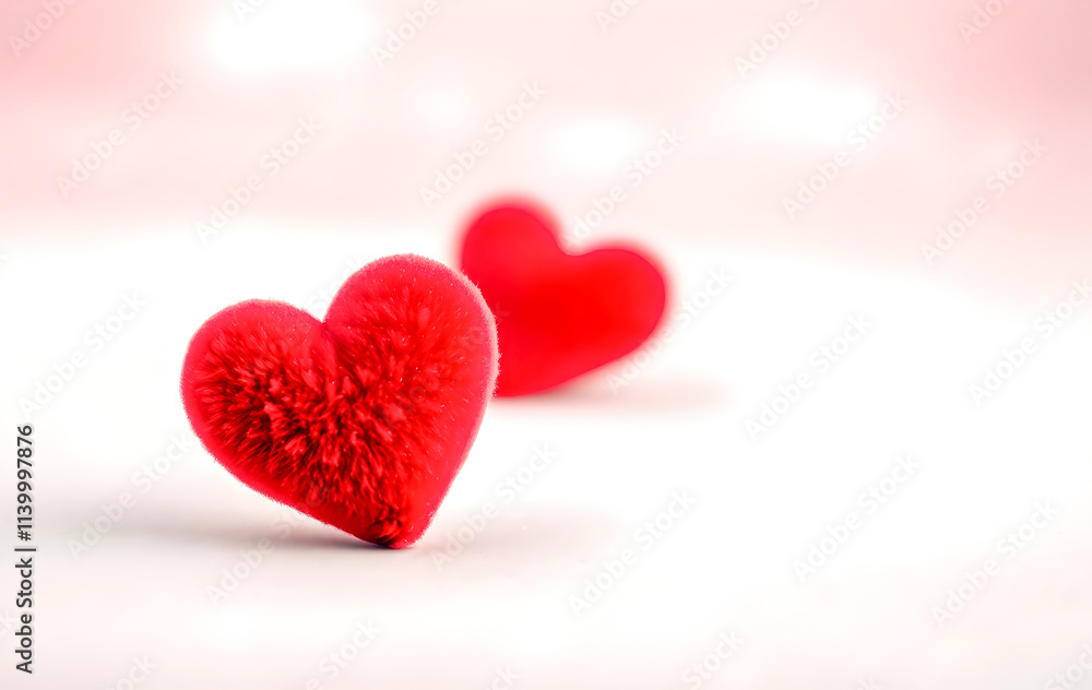 Fototapeta premium Two fuzzy red hearts, a romantic Valentine's Day image