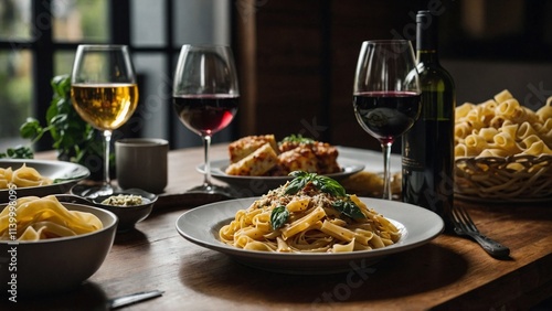 A table set with pasta dishes and wine glasses
