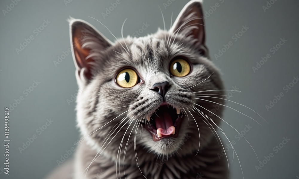 Gray British Shorthair cat surprised expression wide Gray British Shorthair cat surprised expression wide