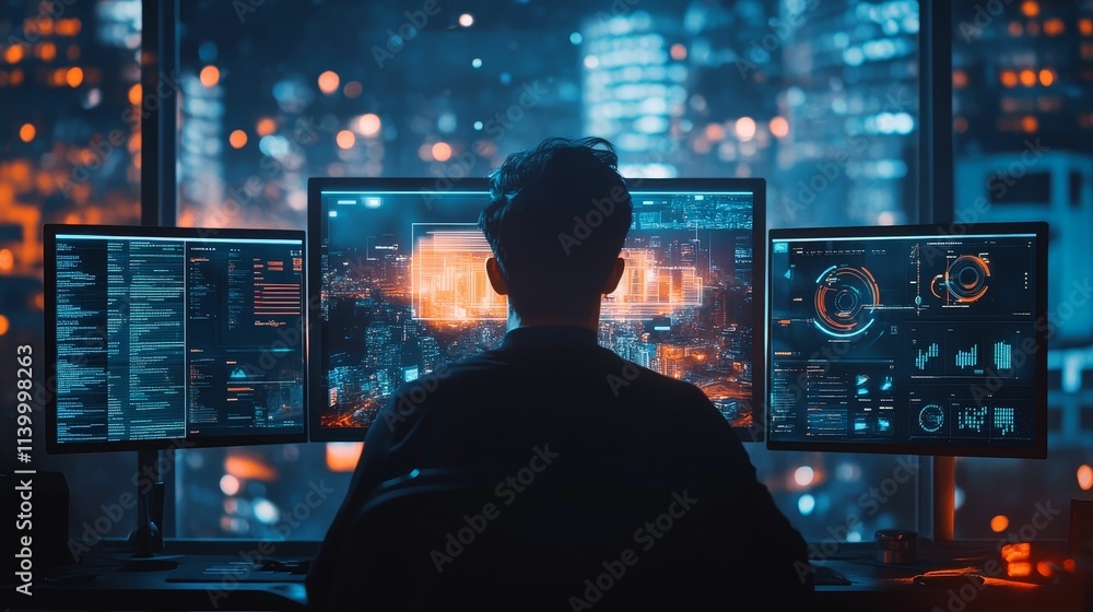 Person viewing city data on multiple monitors. Person viewing city data on multiple monitors.
