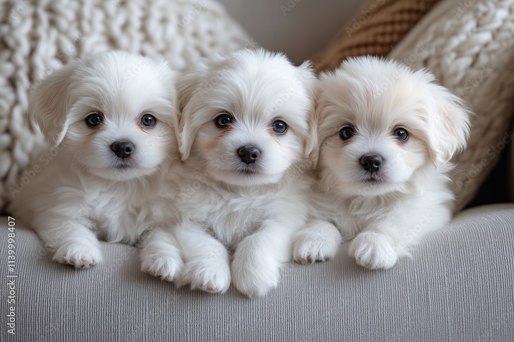 Three fluffy puppies sit together on a soft couch, looking adorable and cozy. Three fluffy puppies sit together on a soft couch, looking adorable and cozy.