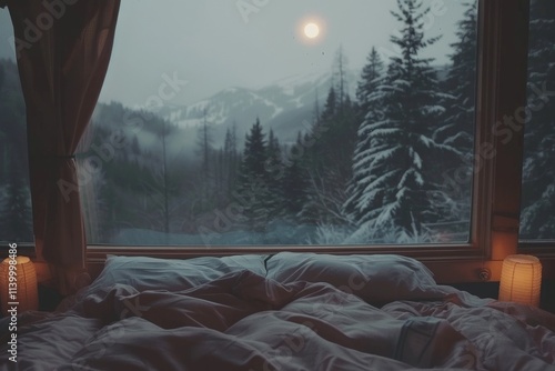 Serene mountain morning with cozy bed dressed in a warm blanket for comfort and relaxation