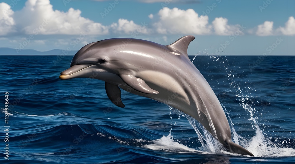 Fototapeta premium Two dolphins jumping out of the water in the ocean
