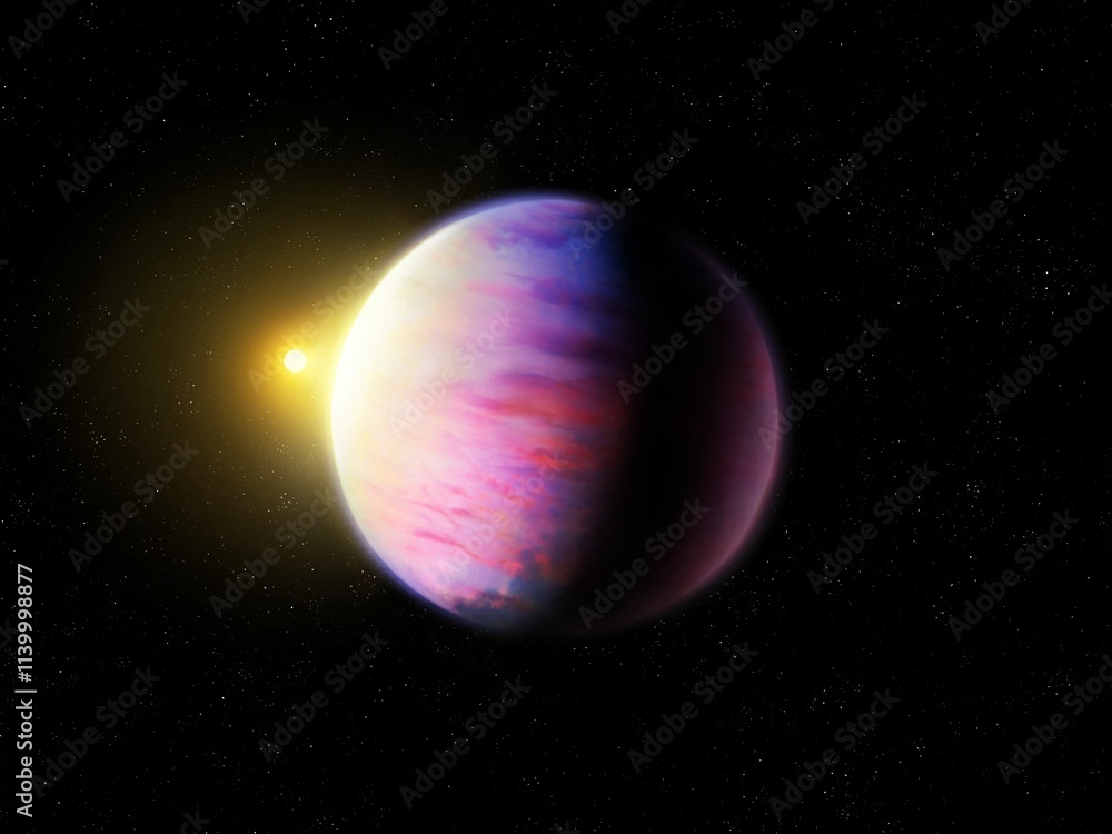 Exoplanets around a distant star. Realistic planet in deep space. Alien world with cloudy atmosphere. Science fiction background. Exoplanets around a distant star. Realistic planet in deep space. Alien world with cloudy atmosphere. Science fiction background.