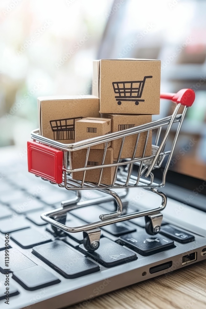 Miniature cart, cardboard boxes, laptop keyboard, online shopping. Miniature cart, cardboard boxes, laptop keyboard, online shopping.