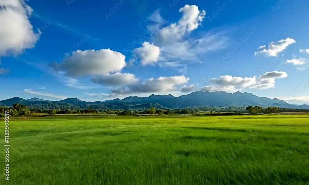 Serene landscape with green fields and blue skies. Serene landscape with green fields and blue skies.