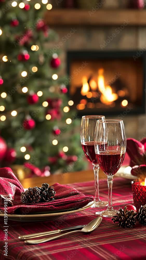 Festive dinner setting with red wine and a glowing fireplace near a decorated Christmas tree