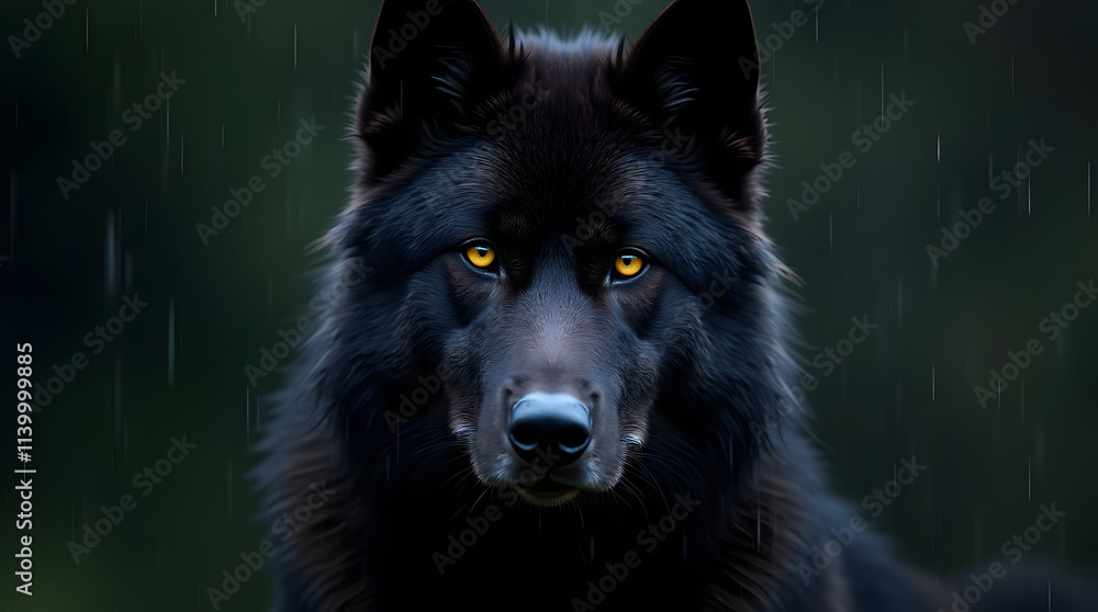 Close-up of black wolf with bright yellow eyes on dark background. Wet Canadian wolf in pouring rain. Banner with wild animal in natural habitat. Wildlife scene. Close-up of black wolf with bright yellow eyes on dark background. Wet Canadian wolf in pouring rain. Banner with wild animal in natural habitat. Wildlife scene.